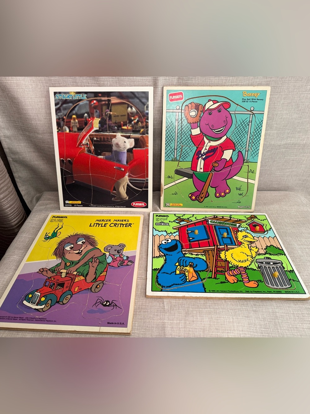4 VTG Puzzles- Playskool 93- Barney-Stuart Little-Mercer Mayer's-Sesame Street